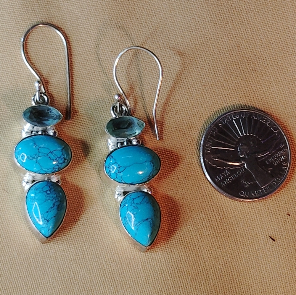 🔥KINGMAN TURQUOISE, LONDON BLUE TOPAZ, STERLING HYPOALLERGENIC EAR. 1-1/2" - Picture 3 of 12